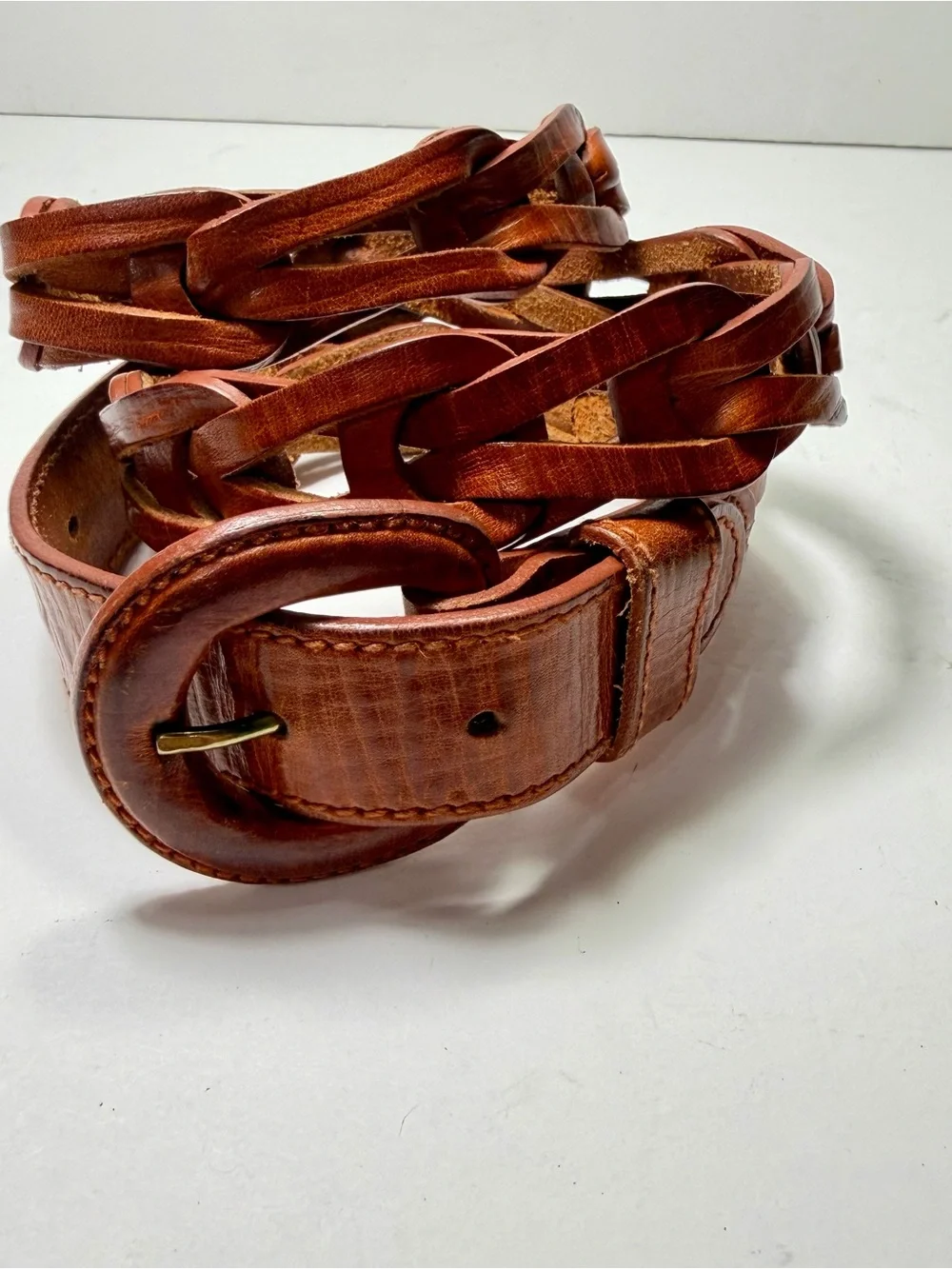 Vintage 90s Cognac Brown Leather Interlocking Puzzle Link Belt Women L /XL Boho